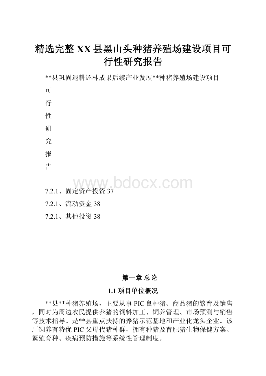 精选完整XX县黑山头种猪养殖场建设项目可行性研究报告.docx_第1页