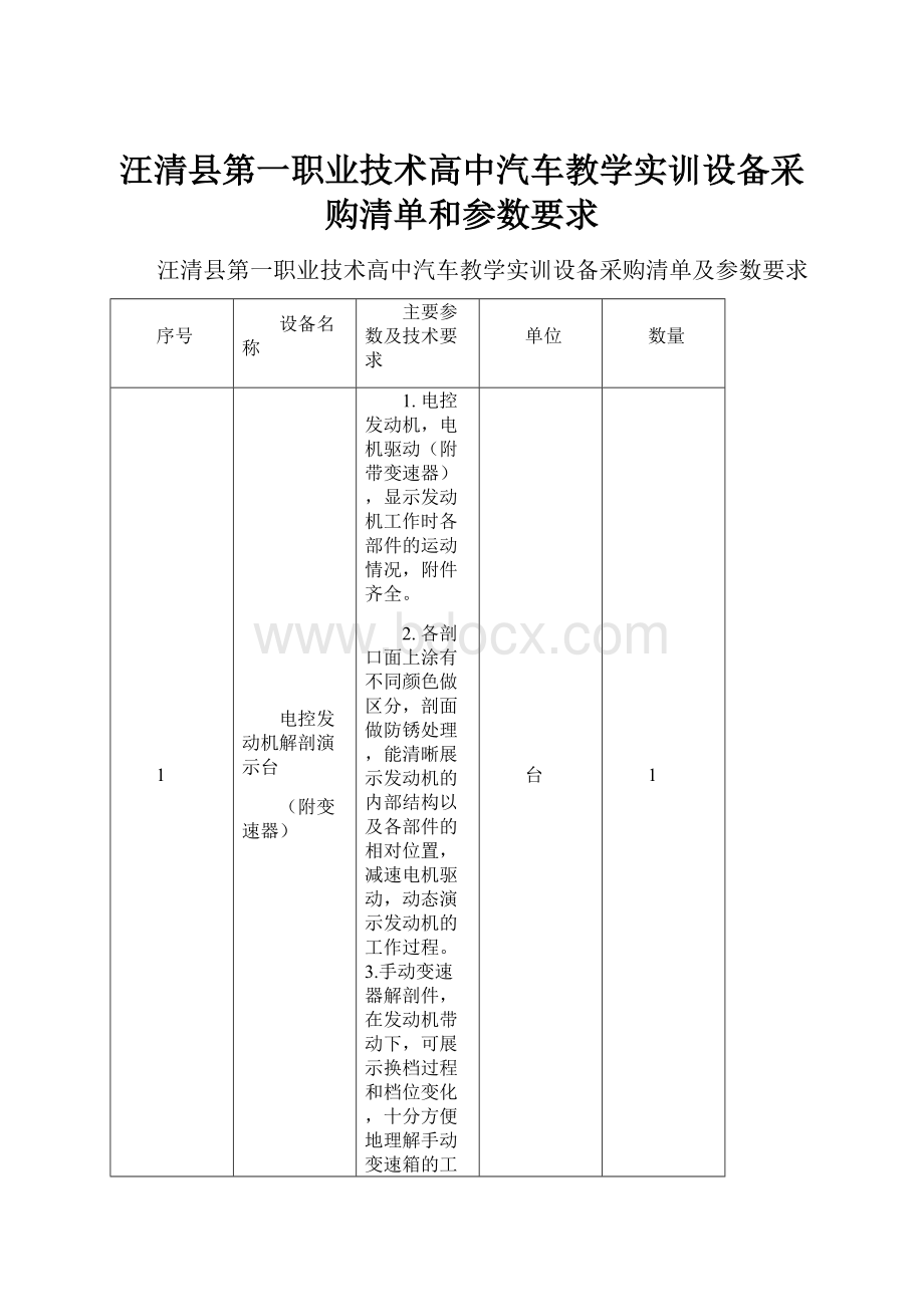 汪清县第一职业技术高中汽车教学实训设备采购清单和参数要求.docx