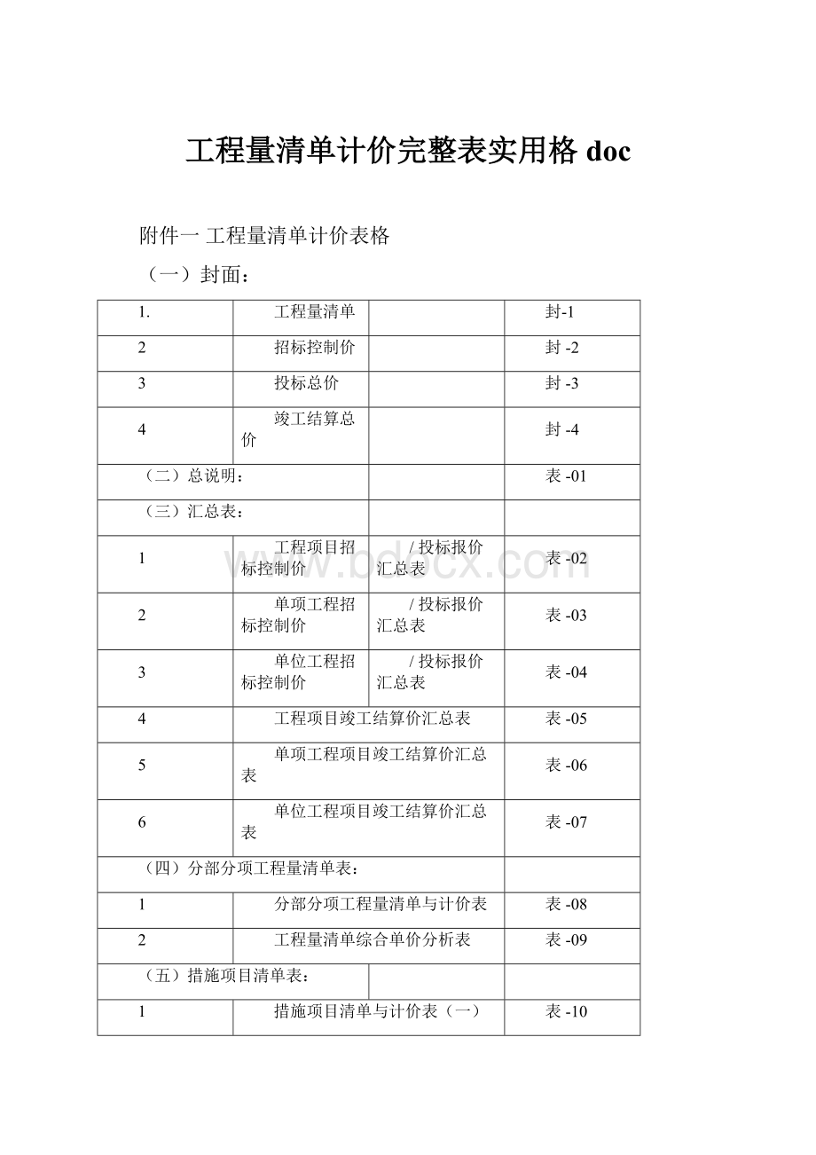 工程量清单计价完整表实用格doc.docx