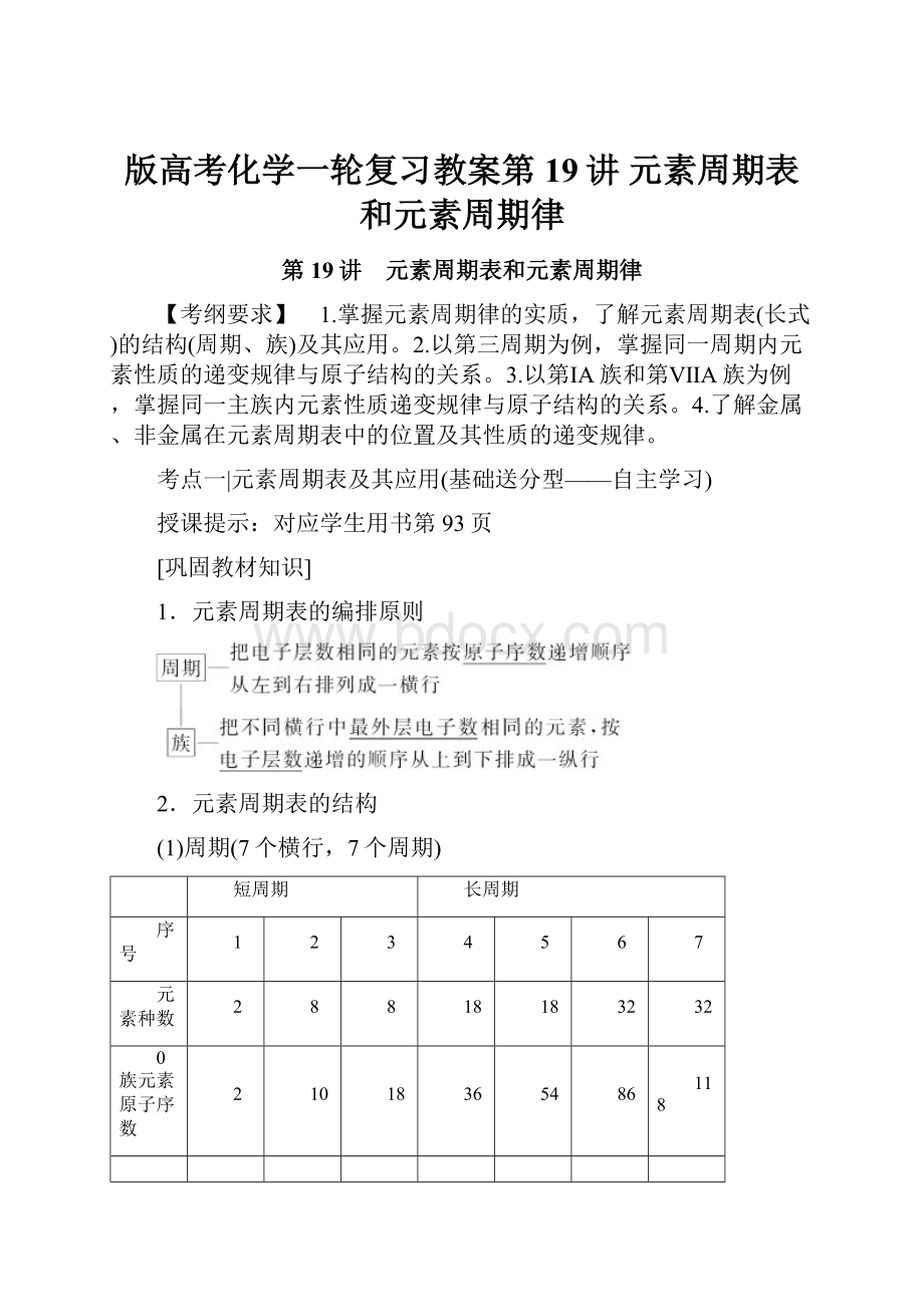 版高考化学一轮复习教案第19讲 元素周期表和元素周期律.docx