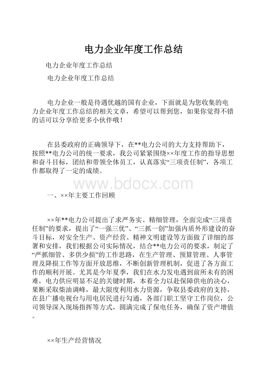 电力企业年度工作总结.docx