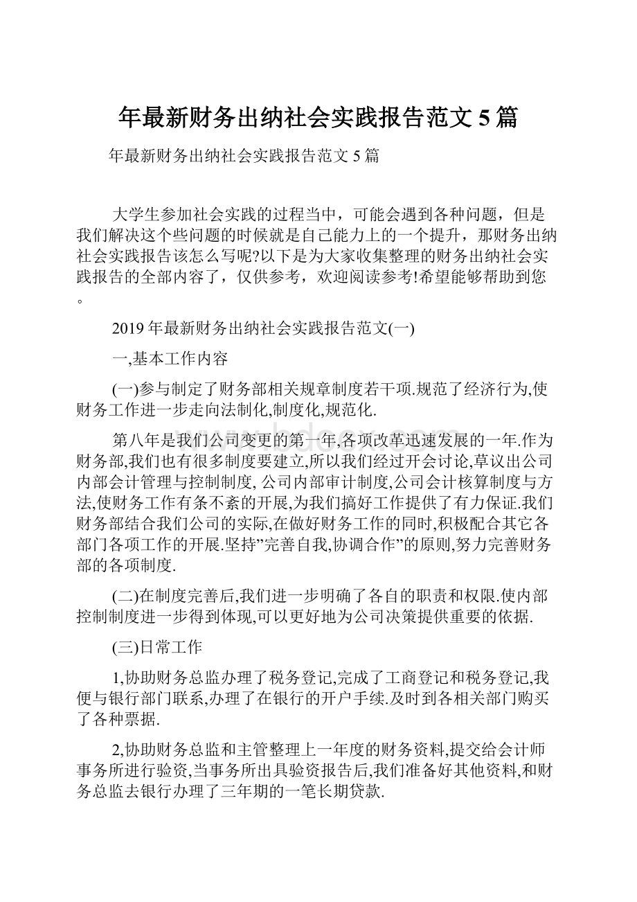 年最新财务出纳社会实践报告范文5篇.docx