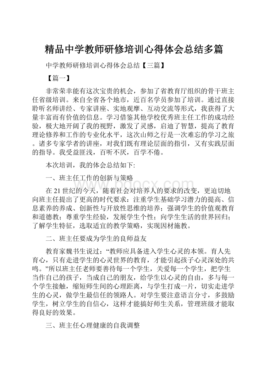 精品中学教师研修培训心得体会总结多篇.docx