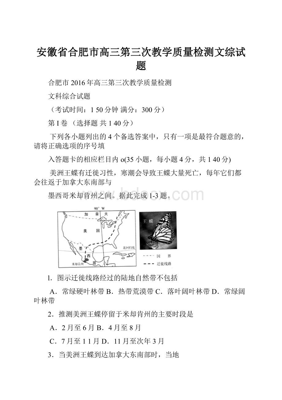 安徽省合肥市高三第三次教学质量检测文综试题.docx