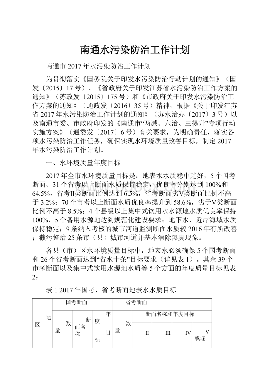 南通水污染防治工作计划.docx