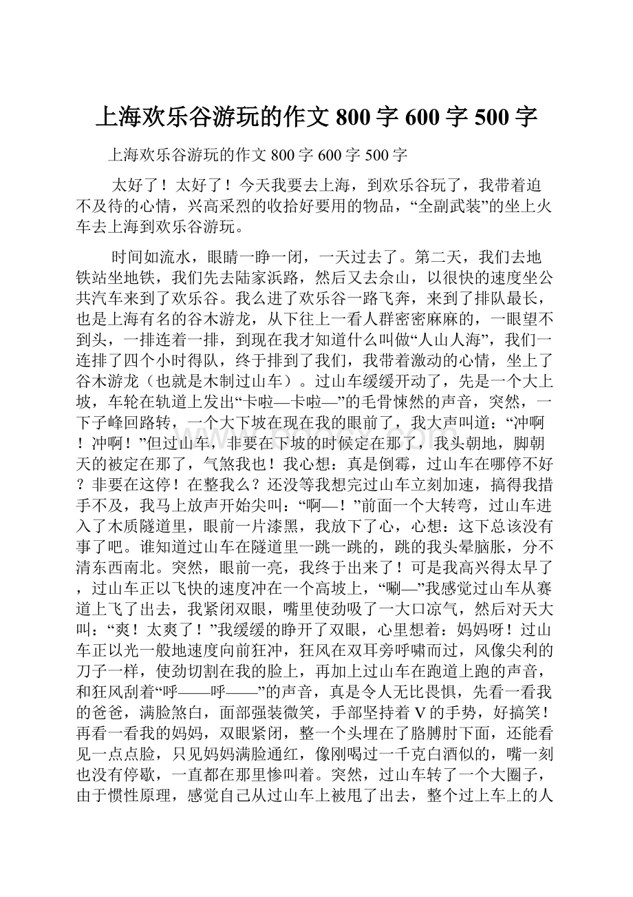 上海欢乐谷游玩的作文800字600字500字.docx