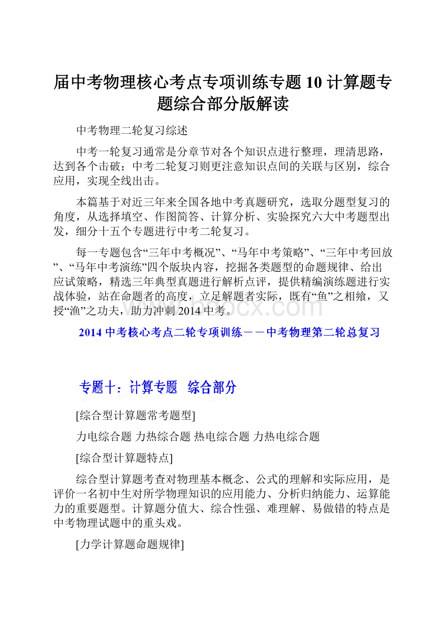 届中考物理核心考点专项训练专题10 计算题专题综合部分版解读.docx