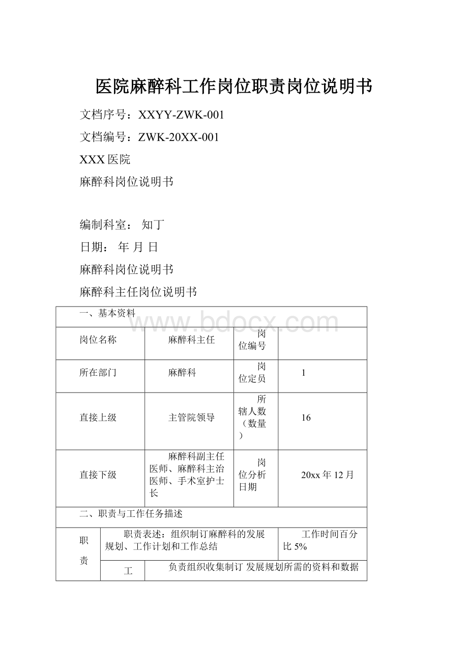 医院麻醉科工作岗位职责岗位说明书.docx_第1页