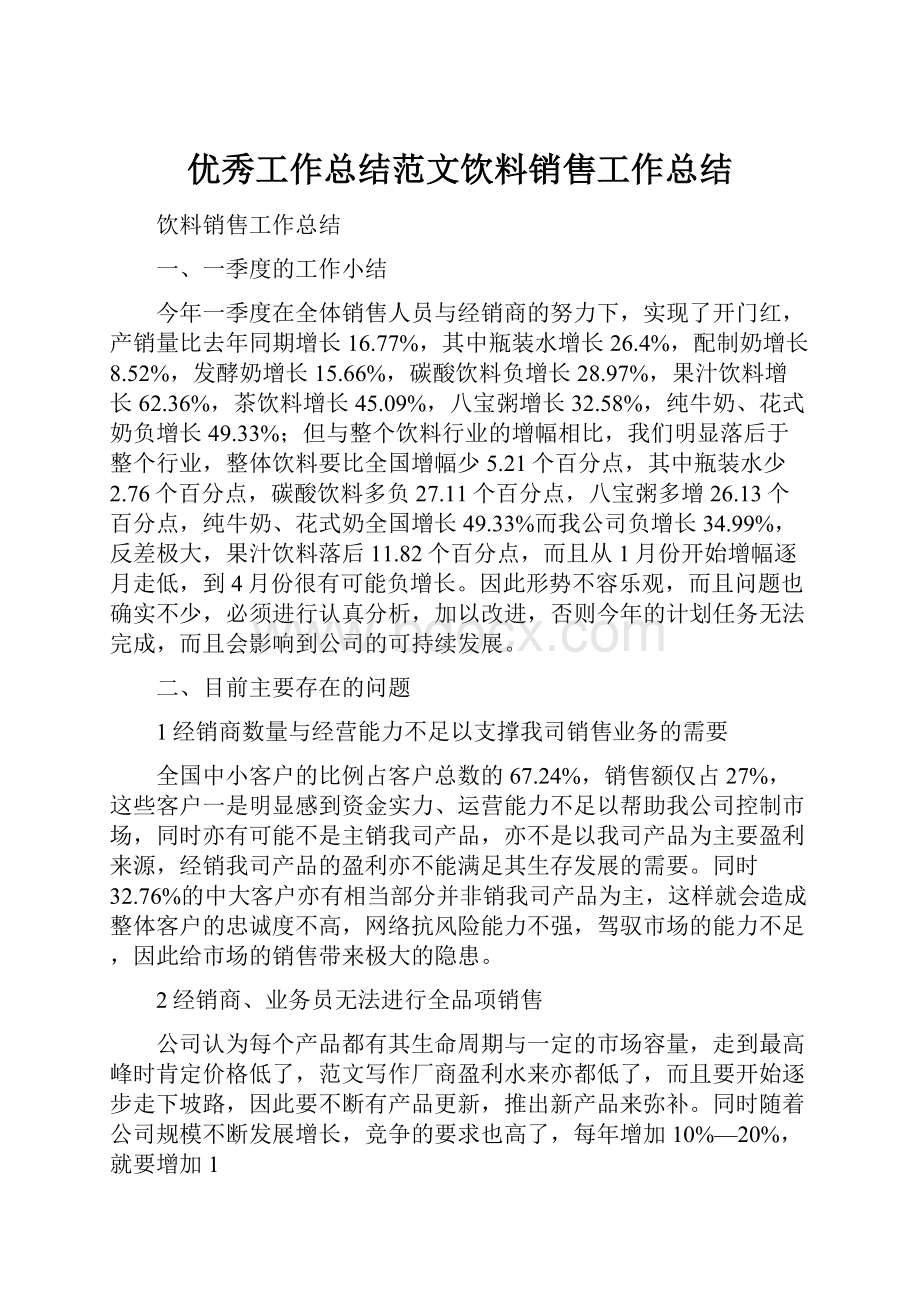 优秀工作总结范文饮料销售工作总结.docx