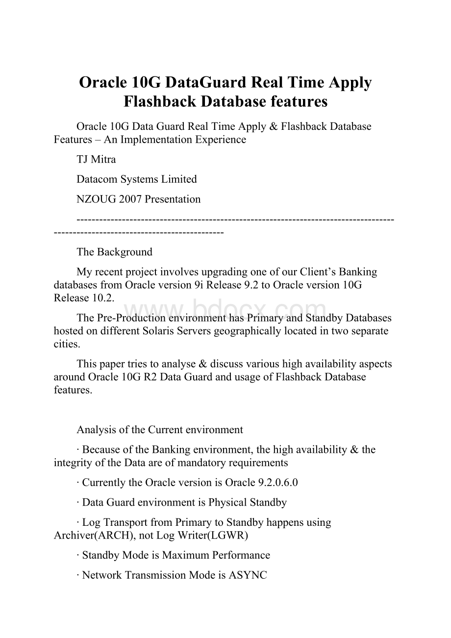 Oracle 10G DataGuard Real Time ApplyFlashback Database features.docx