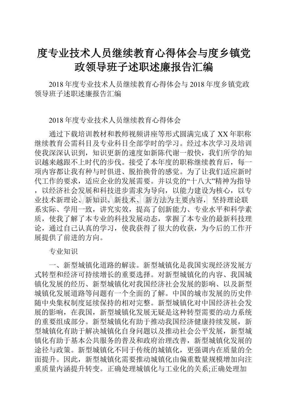 度专业技术人员继续教育心得体会与度乡镇党政领导班子述职述廉报告汇编.docx