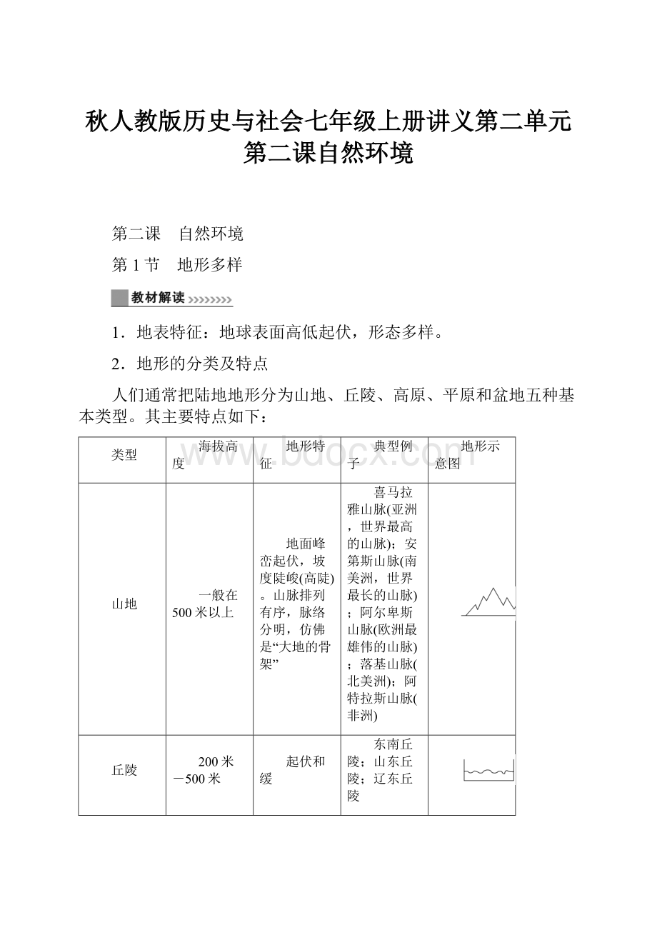 秋人教版历史与社会七年级上册讲义第二单元第二课自然环境.docx