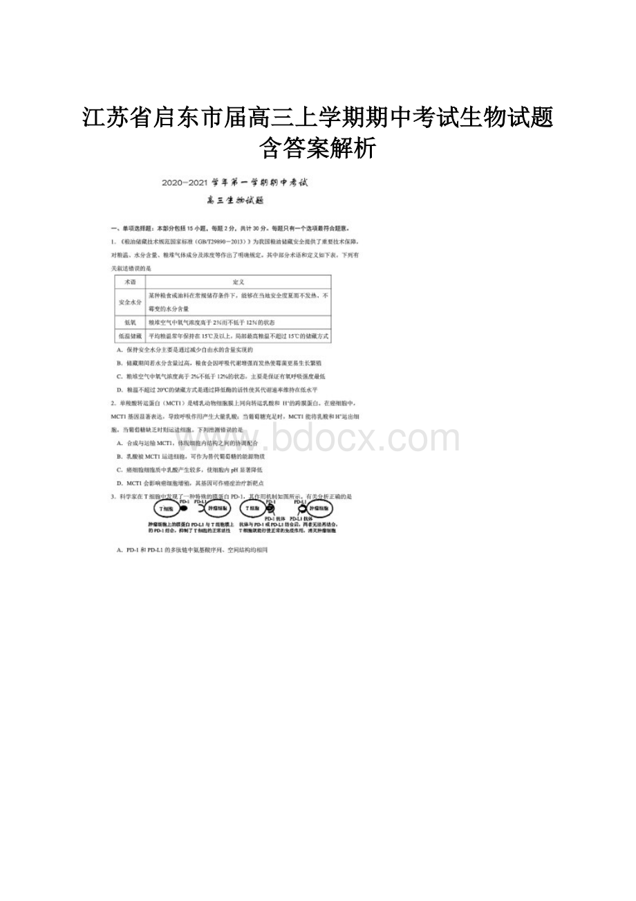 江苏省启东市届高三上学期期中考试生物试题含答案解析.docx