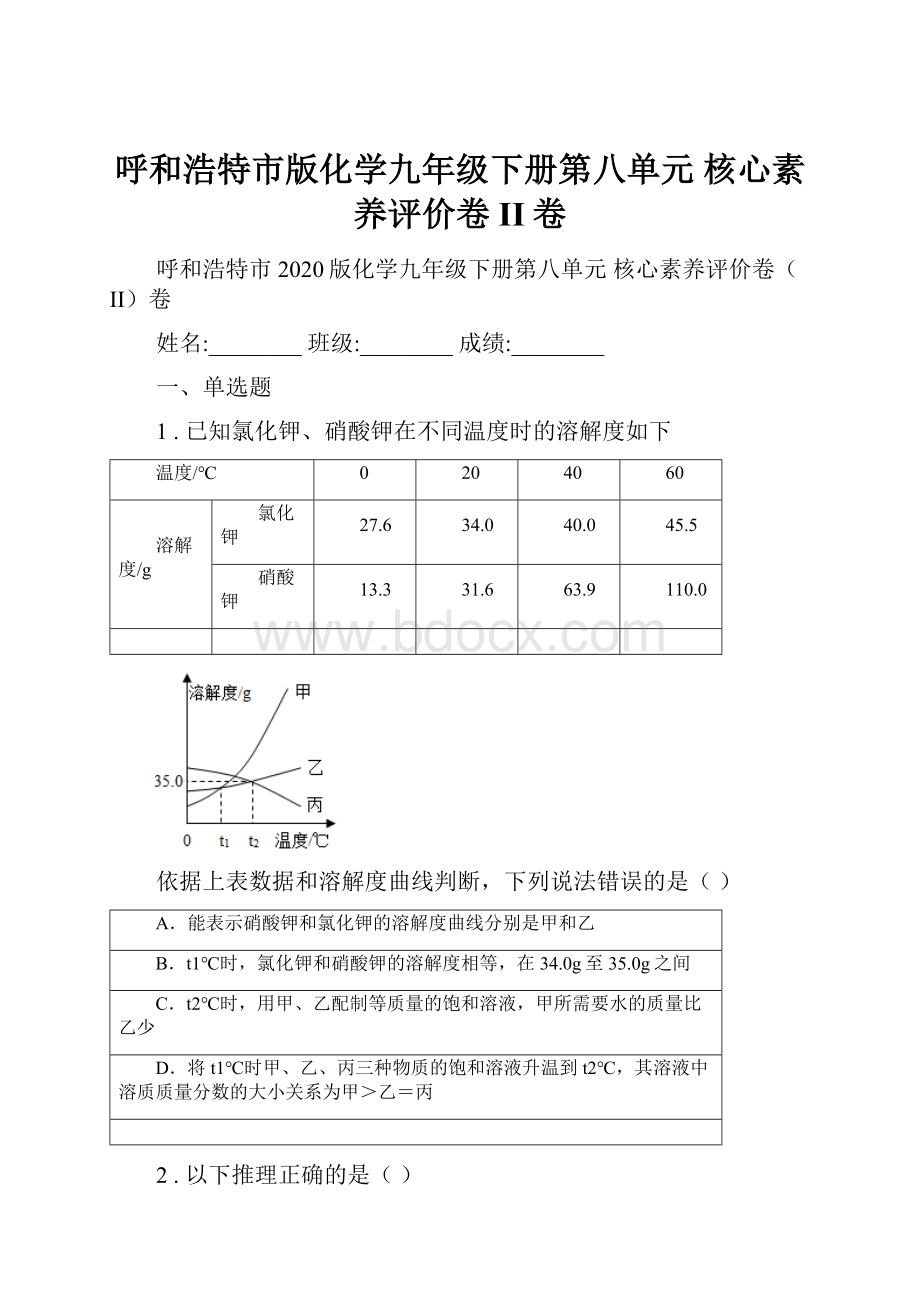 呼和浩特市版化学九年级下册第八单元 核心素养评价卷II卷.docx