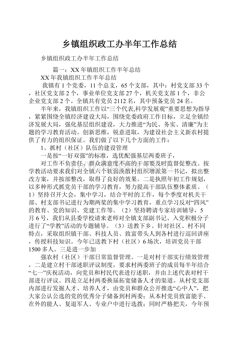 乡镇组织政工办半年工作总结.docx_第1页