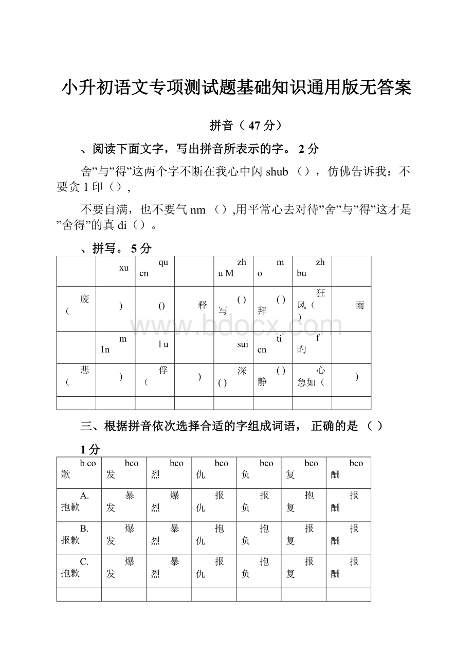 小升初语文专项测试题基础知识通用版无答案.docx