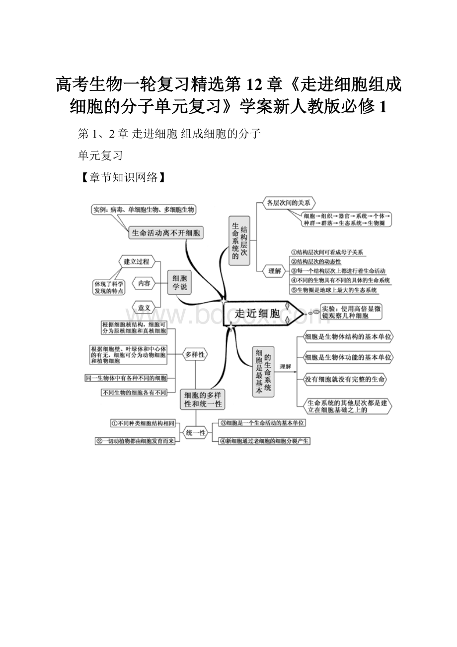 高考生物一轮复习精选第12章《走进细胞组成细胞的分子单元复习》学案新人教版必修1.docx