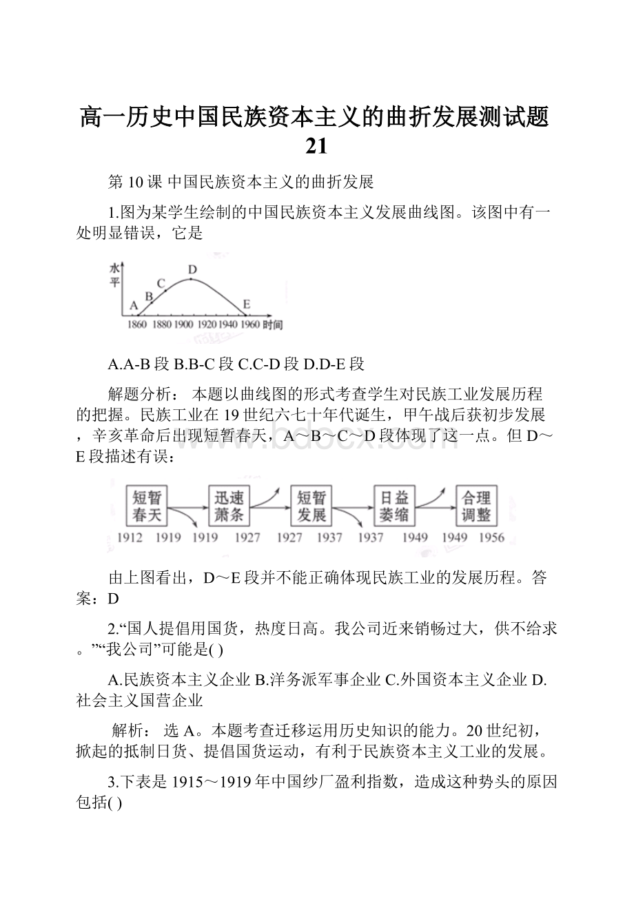 高一历史中国民族资本主义的曲折发展测试题21.docx