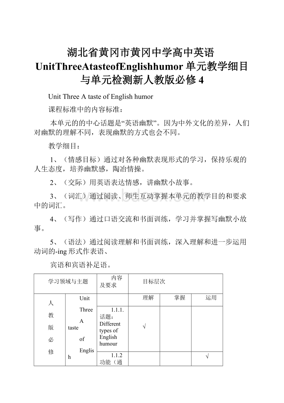 湖北省黄冈市黄冈中学高中英语UnitThreeAtasteofEnglishhumor单元教学细目与单元检测新人教版必修4.docx