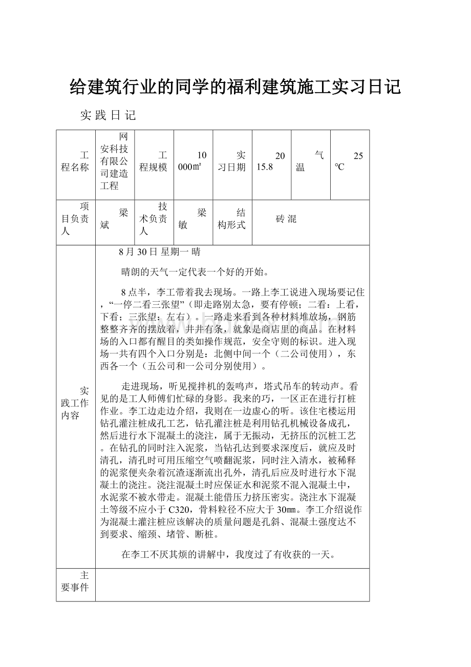 给建筑行业的同学的福利建筑施工实习日记.docx_第1页