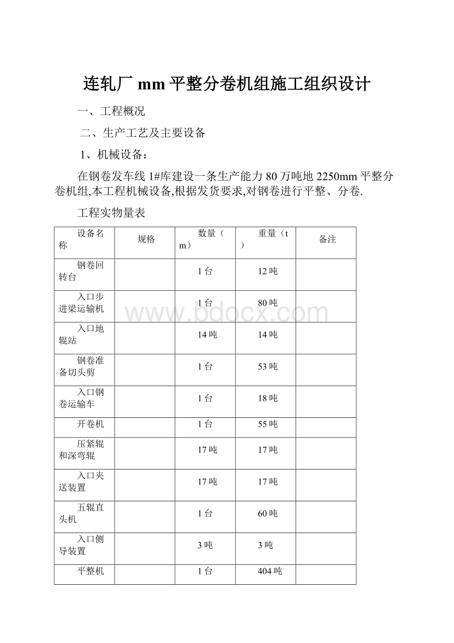 连轧厂mm平整分卷机组施工组织设计.docx_第1页