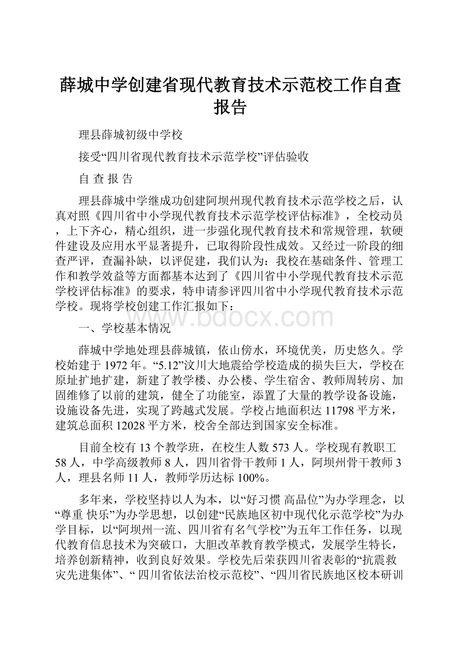 薛城中学创建省现代教育技术示范校工作自查报告.docx