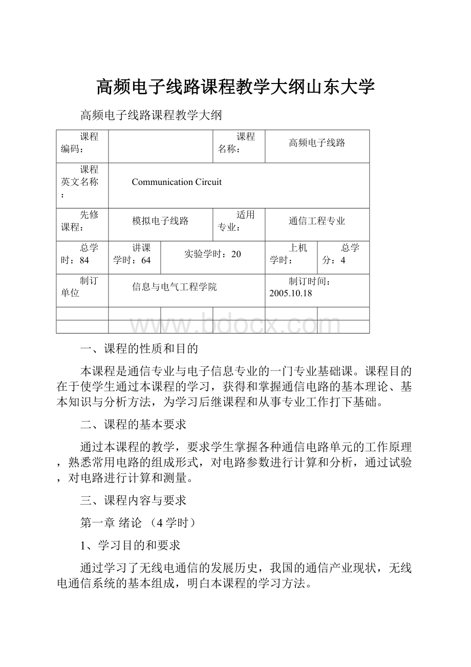 高频电子线路课程教学大纲山东大学.docx_第1页