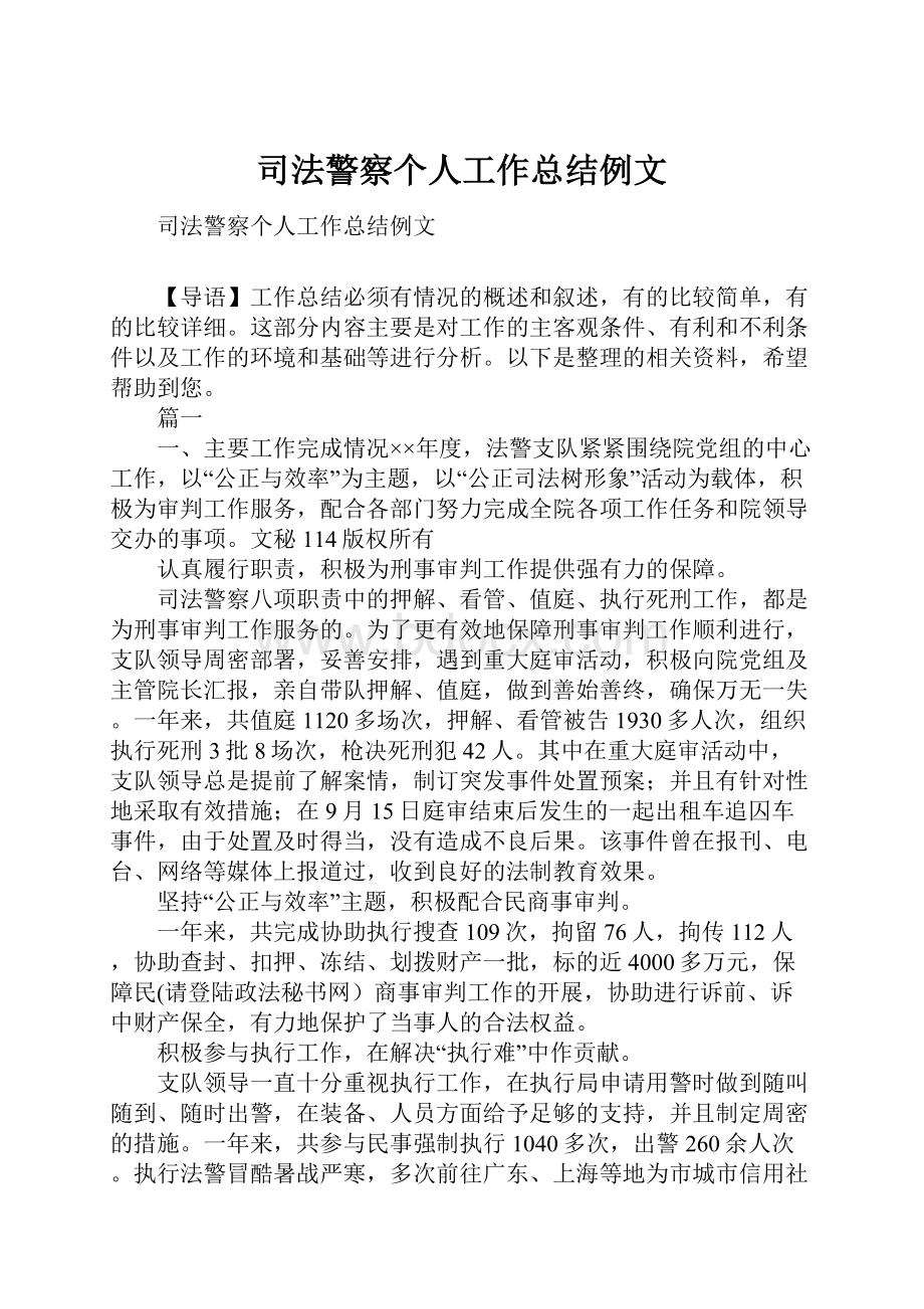 司法警察个人工作总结例文.docx_第1页