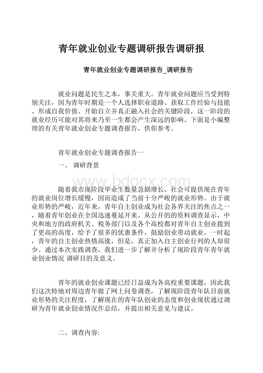 青年就业创业专题调研报告调研报.docx_第1页