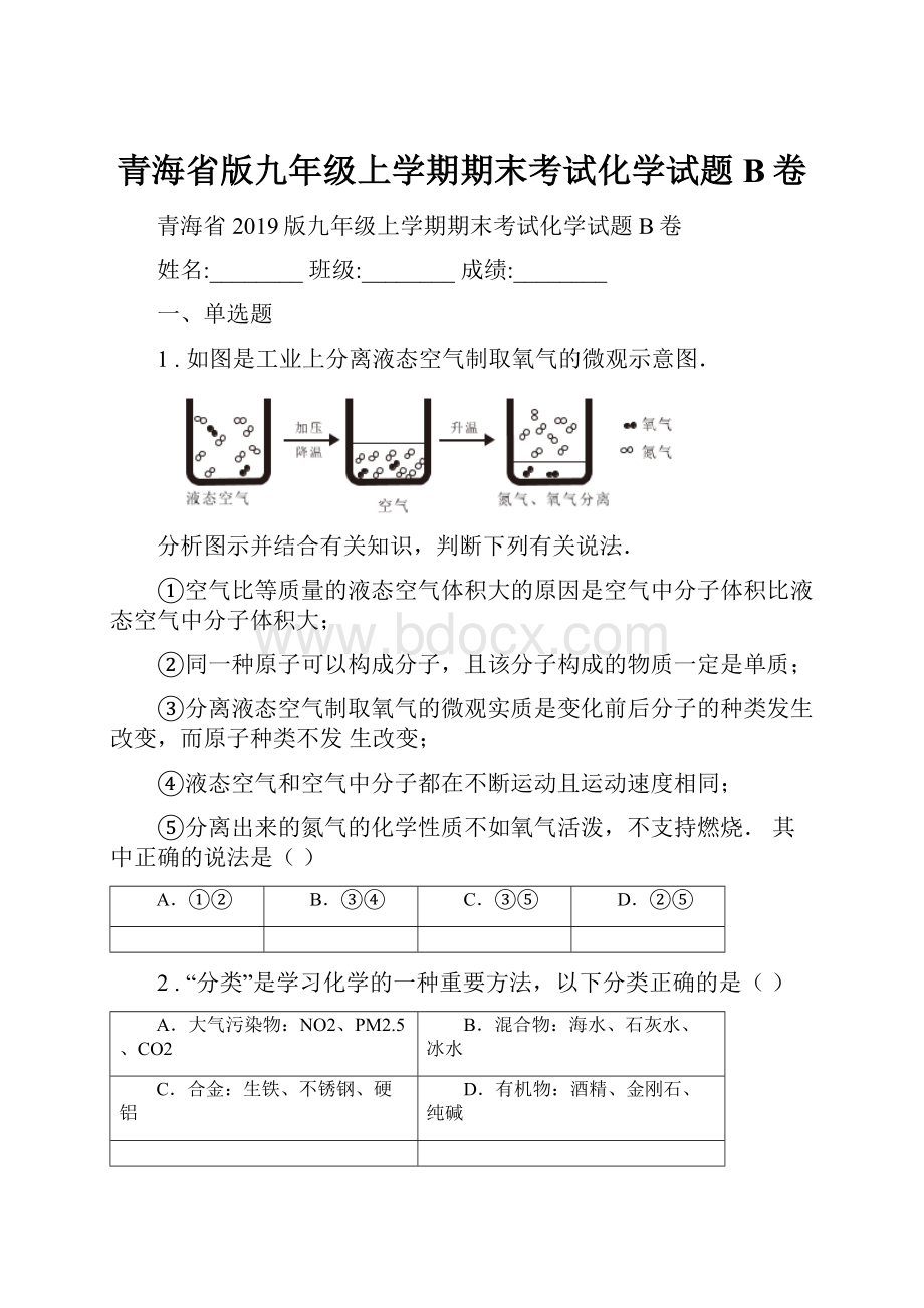 青海省版九年级上学期期末考试化学试题B卷.docx