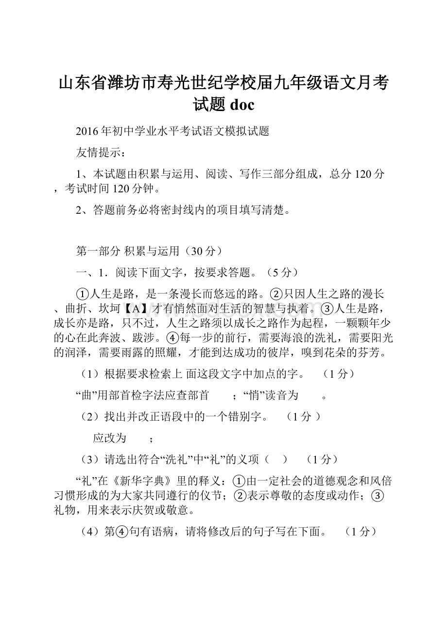 山东省潍坊市寿光世纪学校届九年级语文月考试题doc.docx