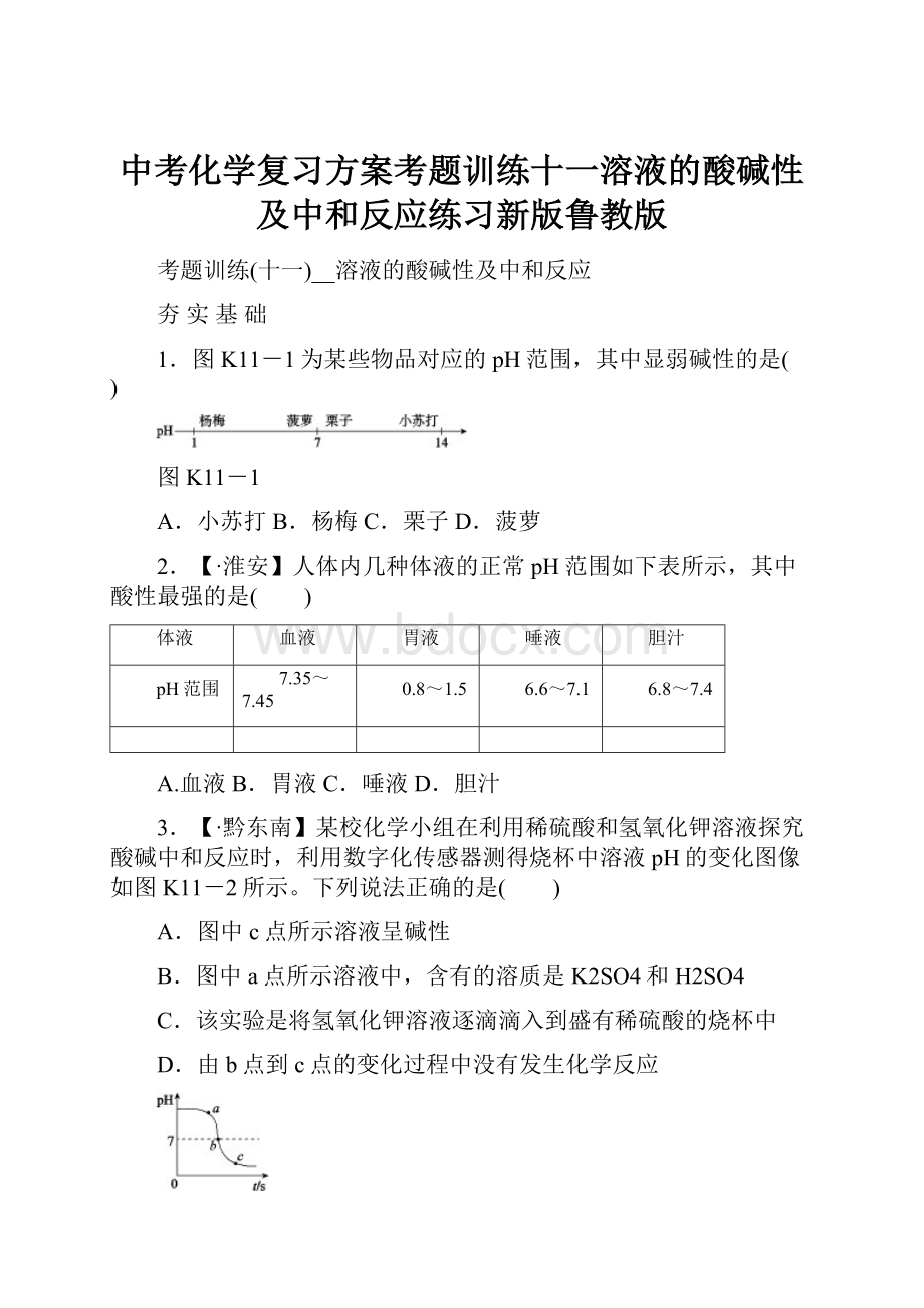 中考化学复习方案考题训练十一溶液的酸碱性及中和反应练习新版鲁教版.docx