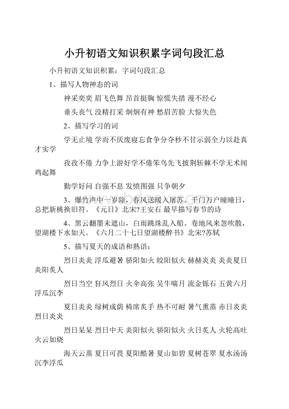 小升初语文知识积累字词句段汇总.docx