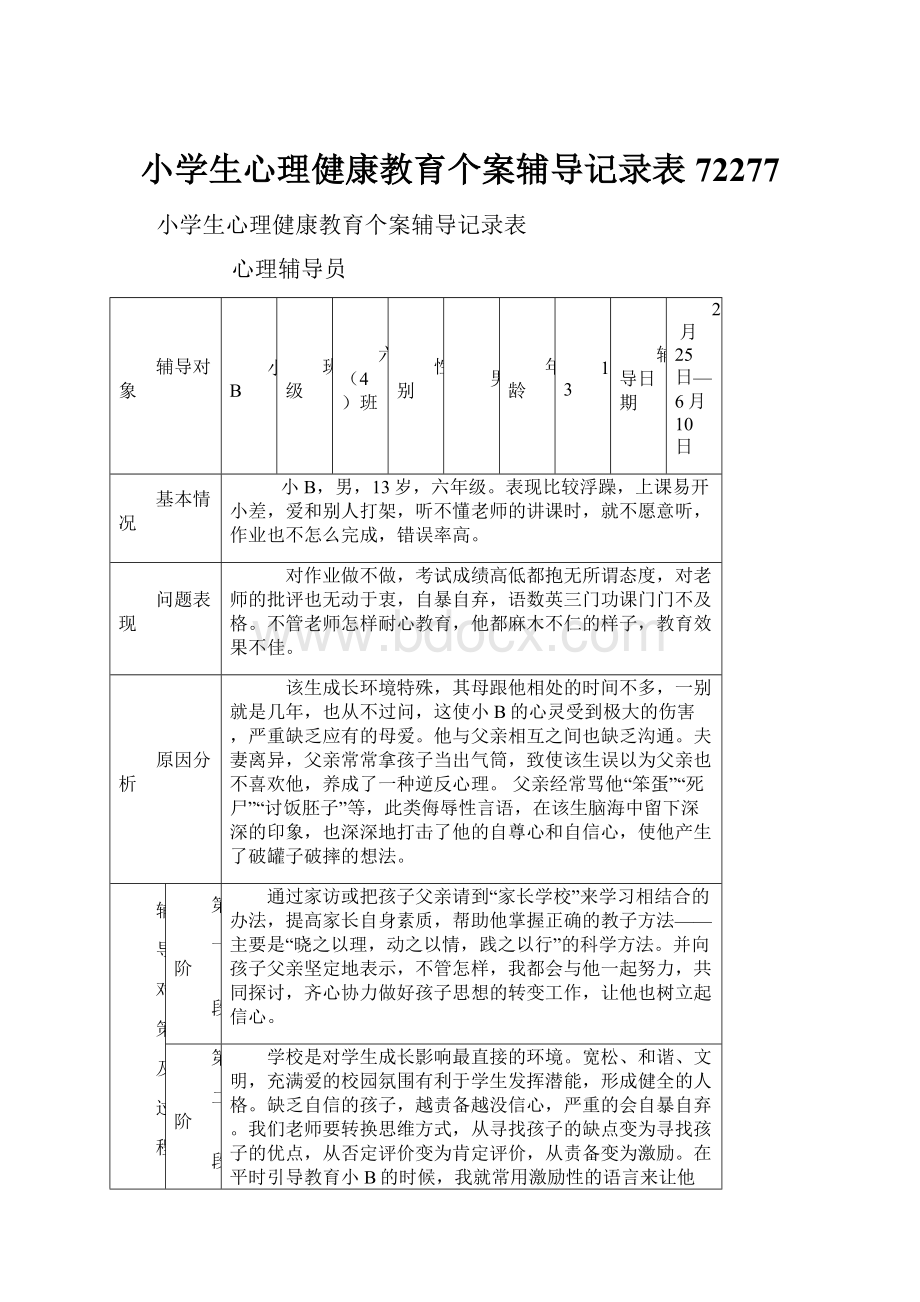 小学生心理健康教育个案辅导记录表72277.docx