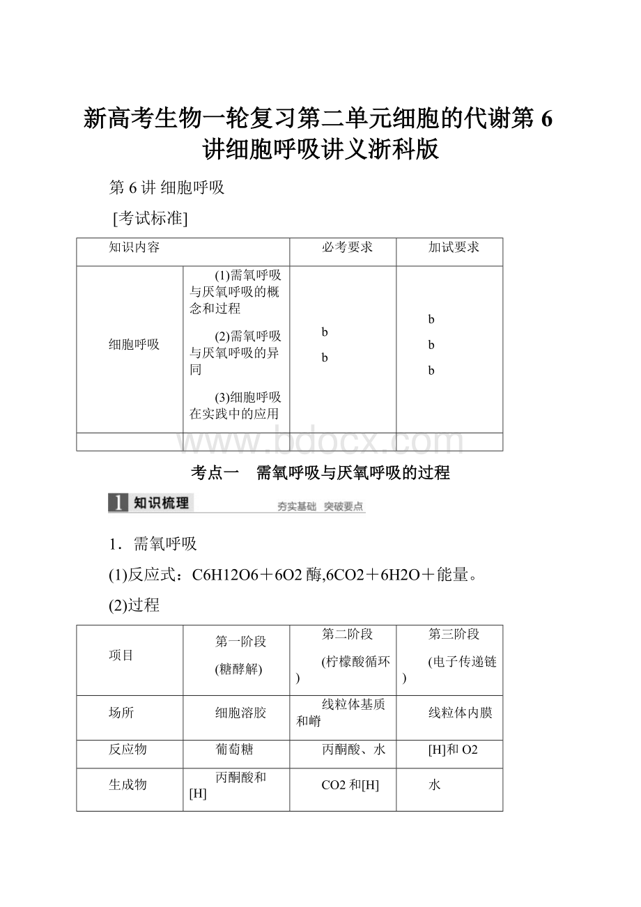 新高考生物一轮复习第二单元细胞的代谢第6讲细胞呼吸讲义浙科版.docx_第1页