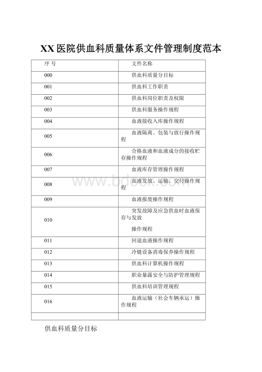 XX医院供血科质量体系文件管理制度范本.docx