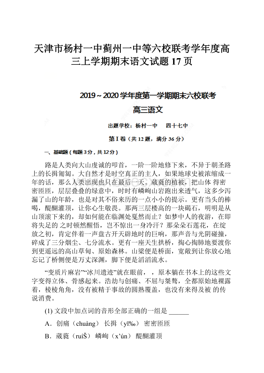 天津市杨村一中蓟州一中等六校联考学年度高三上学期期末语文试题17页.docx