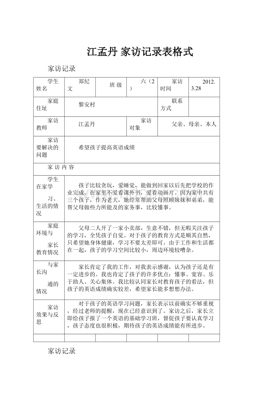 江孟丹 家访记录表格式.docx_第1页