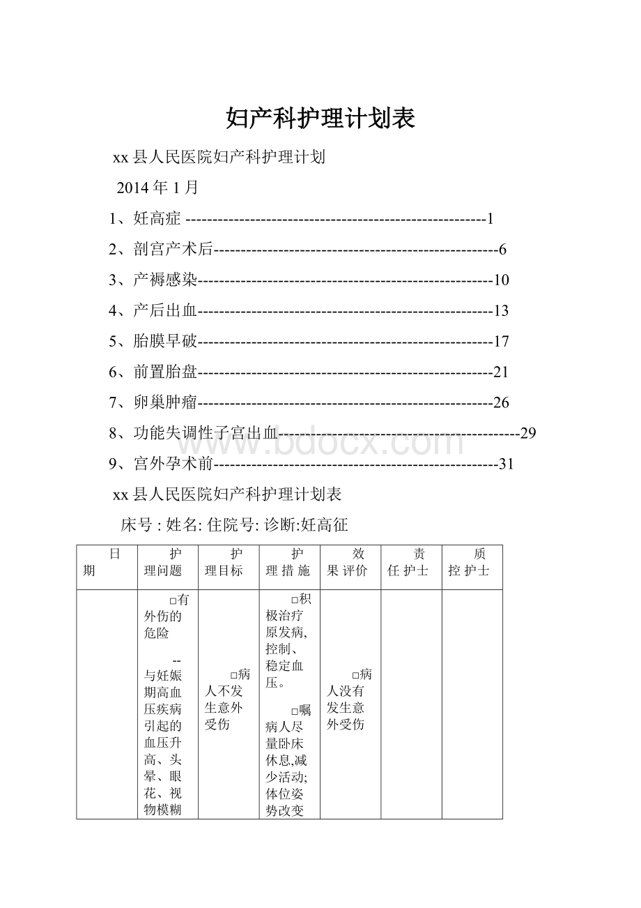 妇产科护理计划表.docx_第1页