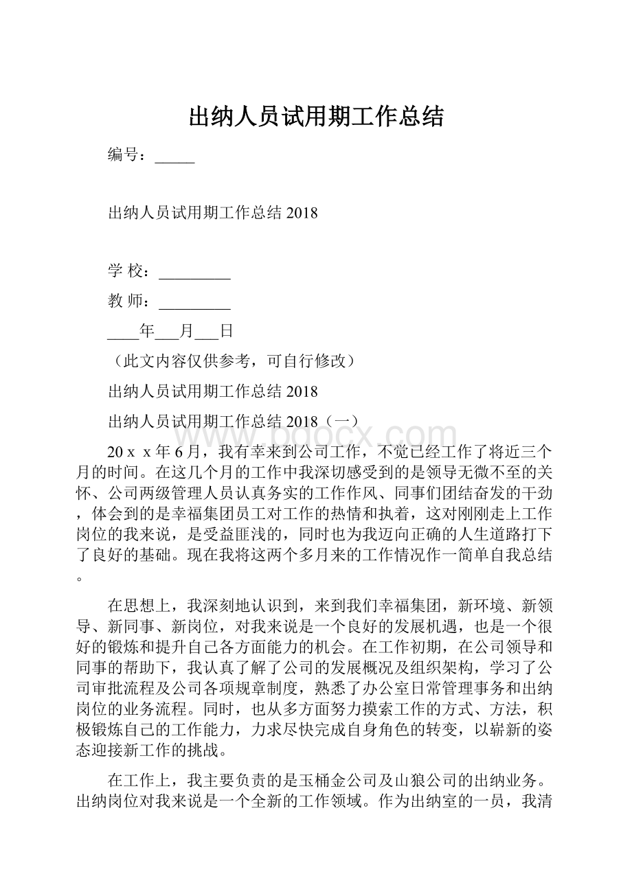 出纳人员试用期工作总结.docx