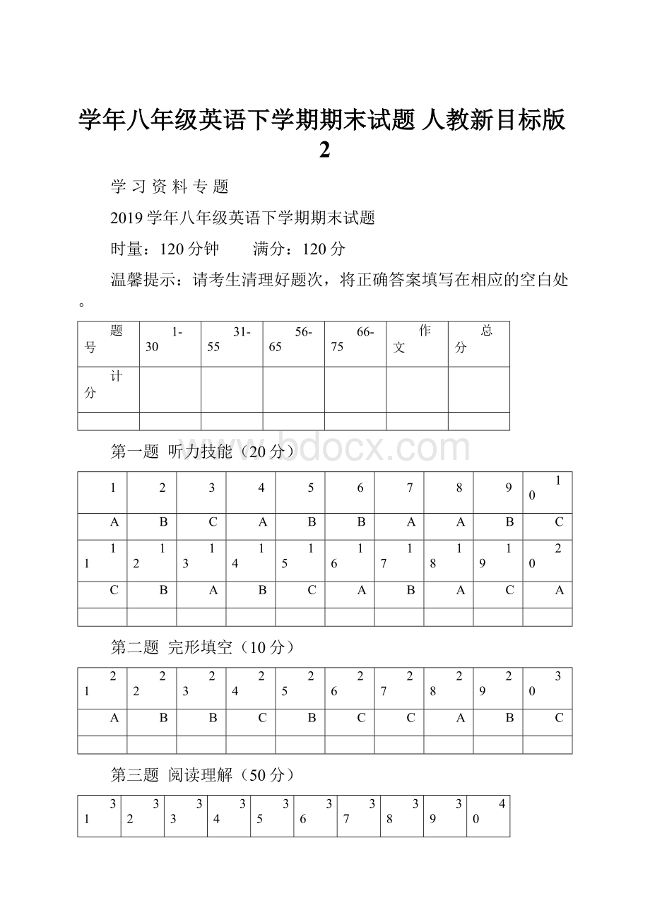 学年八年级英语下学期期末试题 人教新目标版2.docx_第1页