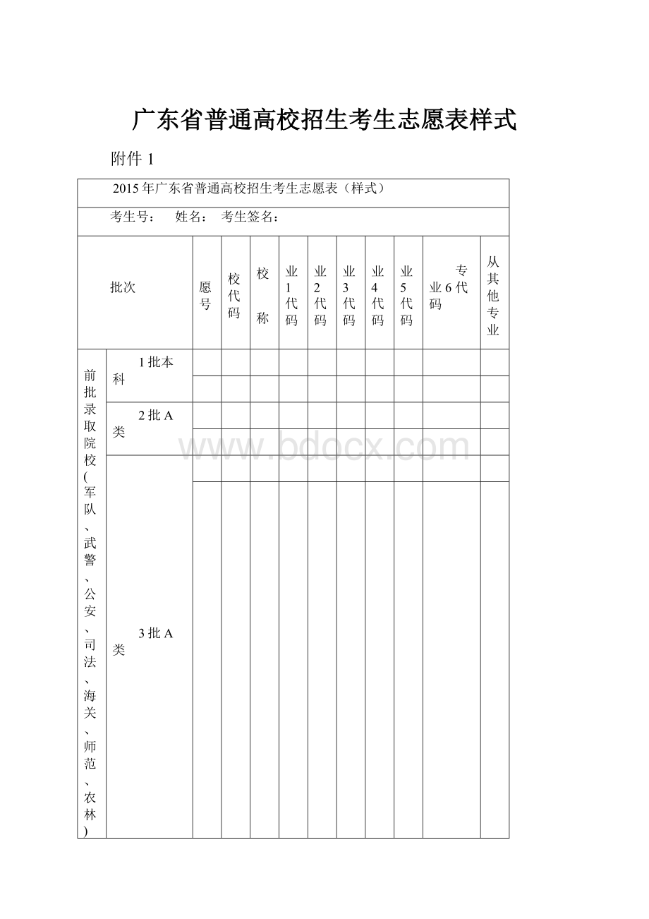 广东省普通高校招生考生志愿表样式.docx