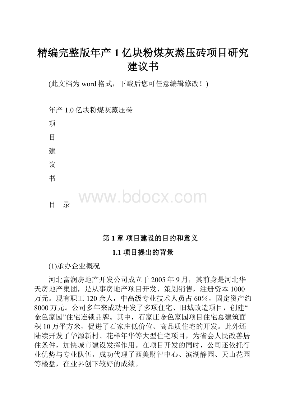 精编完整版年产1亿块粉煤灰蒸压砖项目研究建议书.docx