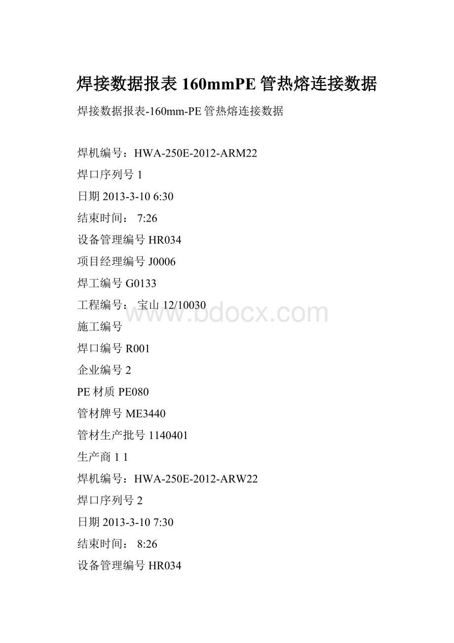 焊接数据报表160mmPE管热熔连接数据.docx