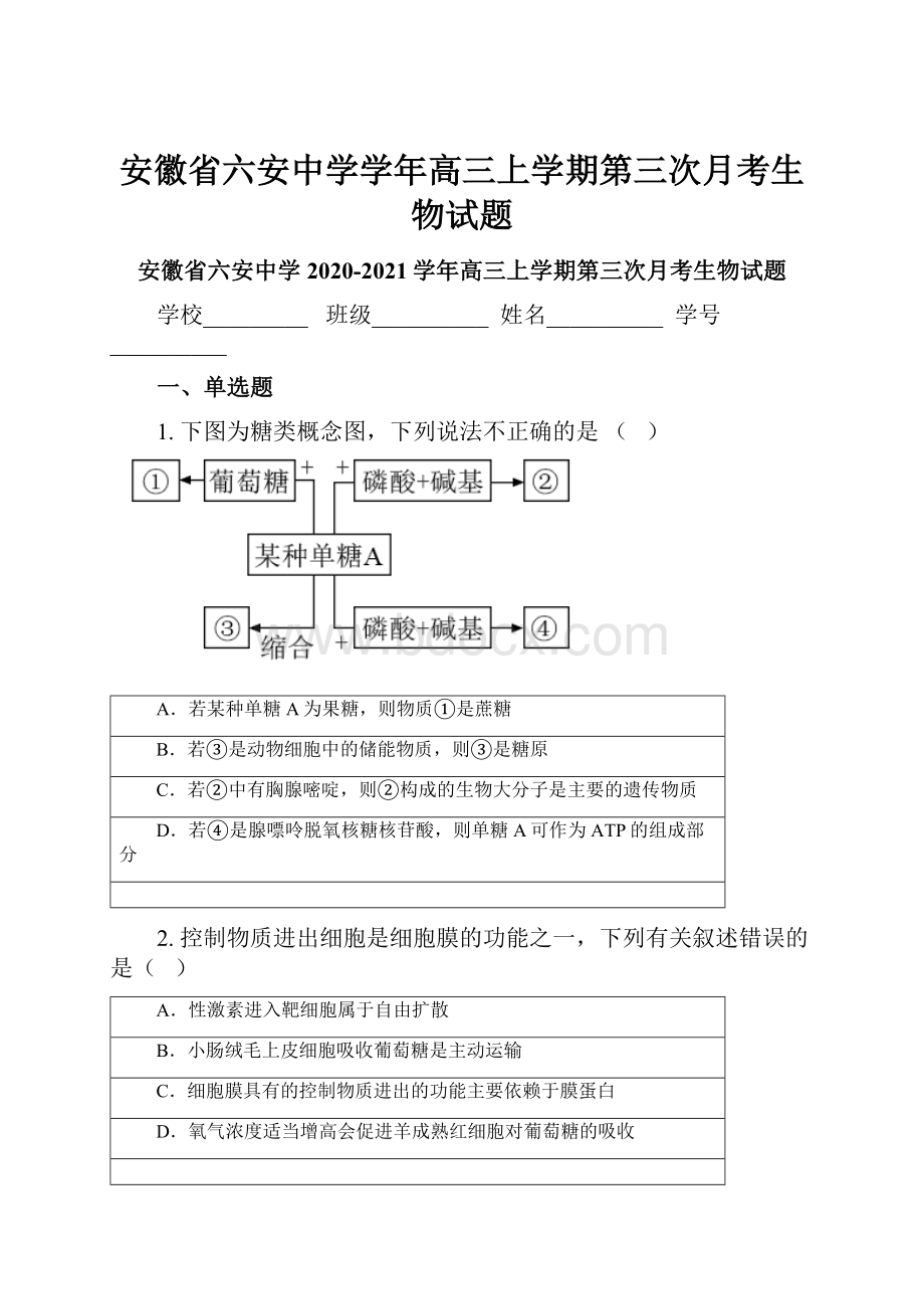 安徽省六安中学学年高三上学期第三次月考生物试题.docx