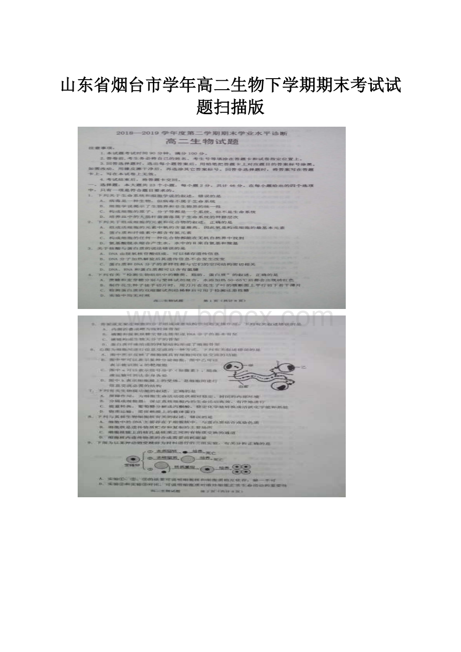 山东省烟台市学年高二生物下学期期末考试试题扫描版.docx