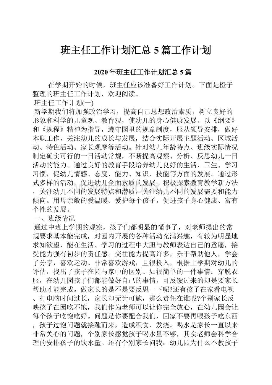 班主任工作计划汇总5篇工作计划.docx