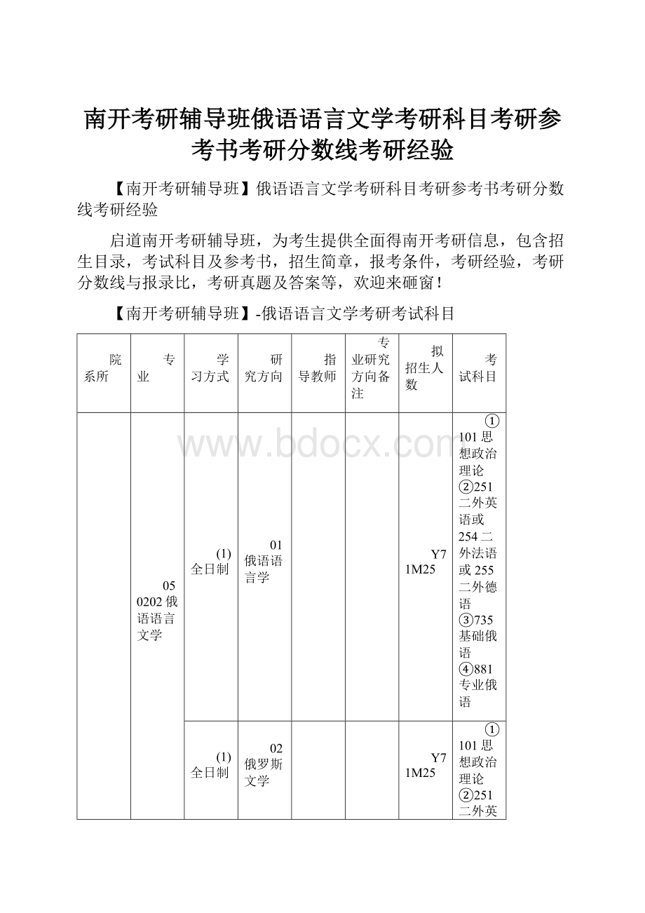 南开考研辅导班俄语语言文学考研科目考研参考书考研分数线考研经验.docx_第1页