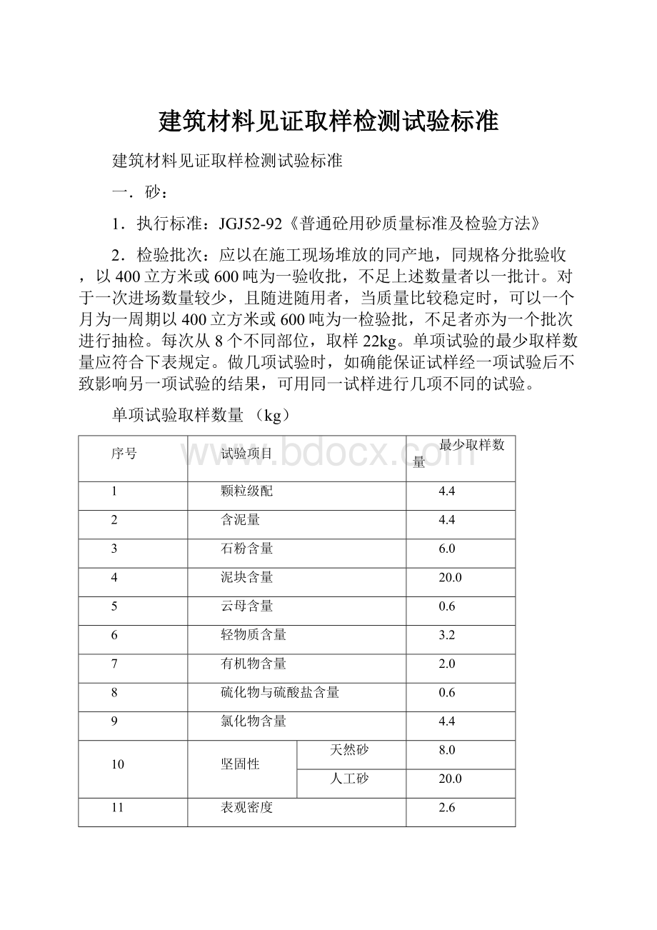 建筑材料见证取样检测试验标准.docx