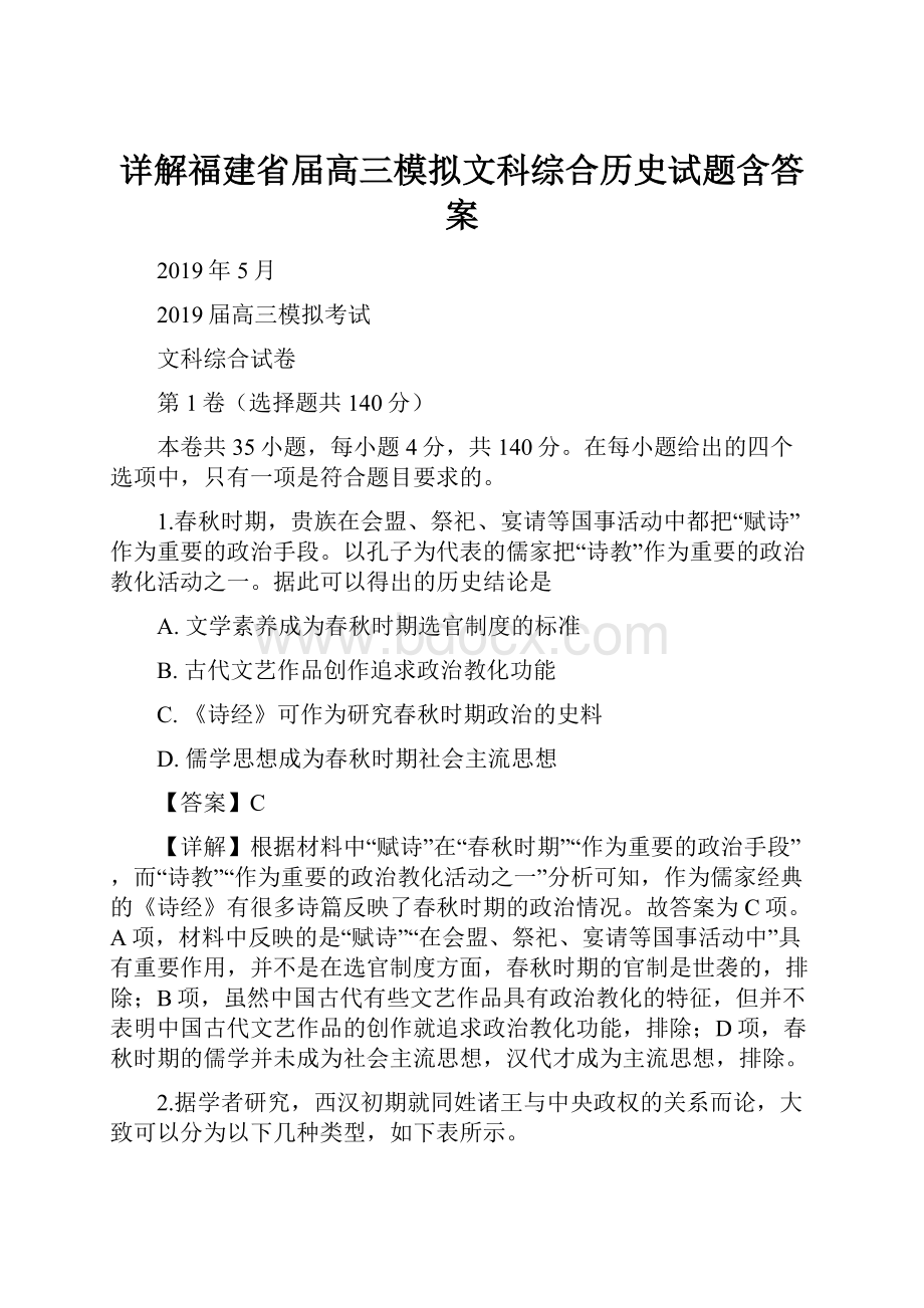 详解福建省届高三模拟文科综合历史试题含答案.docx